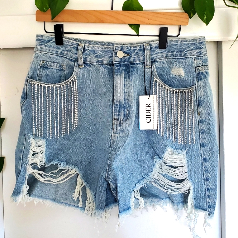 Cider Blue Jean Shorts with Distressed Fringe